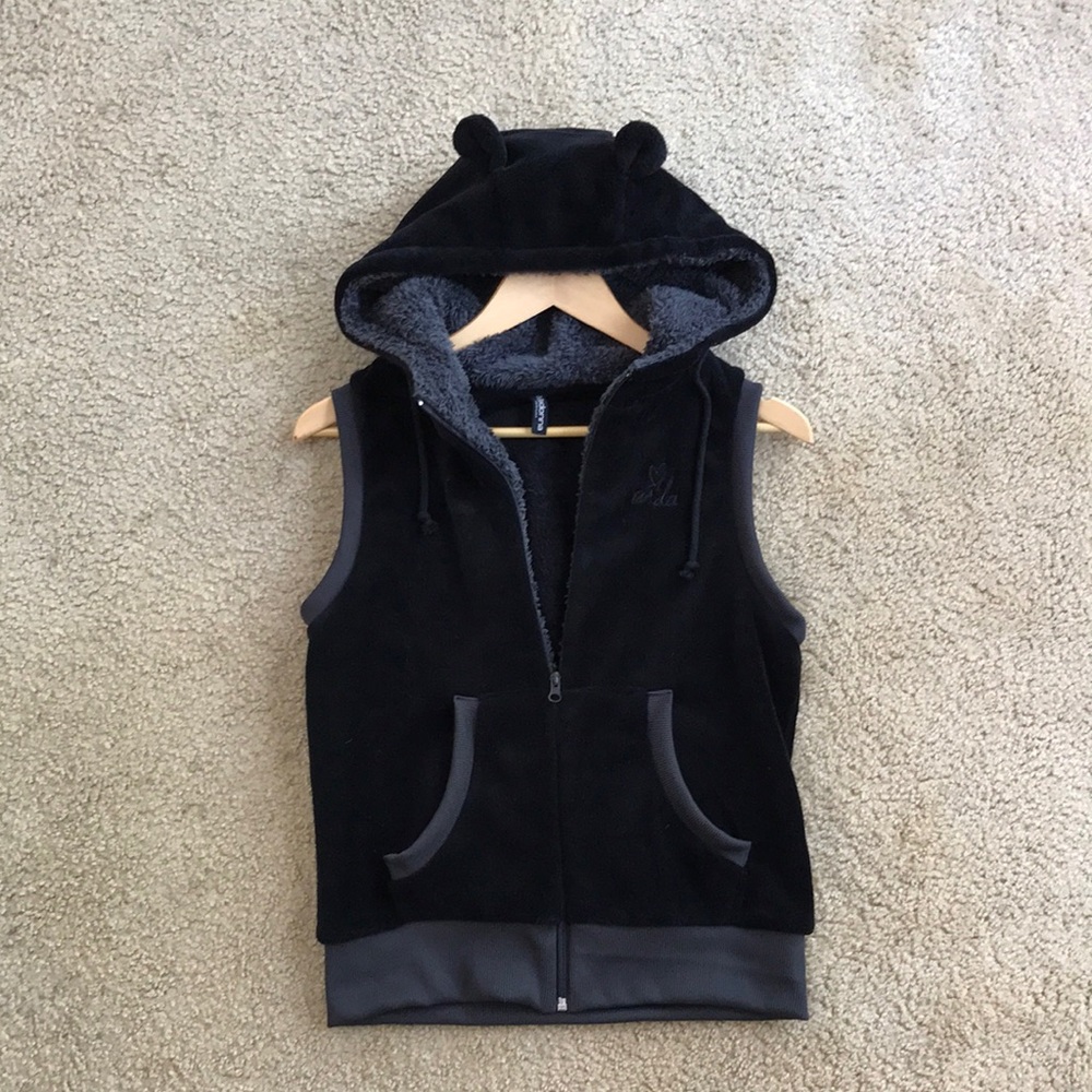 Madonna Plush Black Teddy Bear Ears Hooded Vest - Women’s M